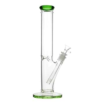Full shot of 14 inch glass straight bong with green mouthpiece and base bowl on right