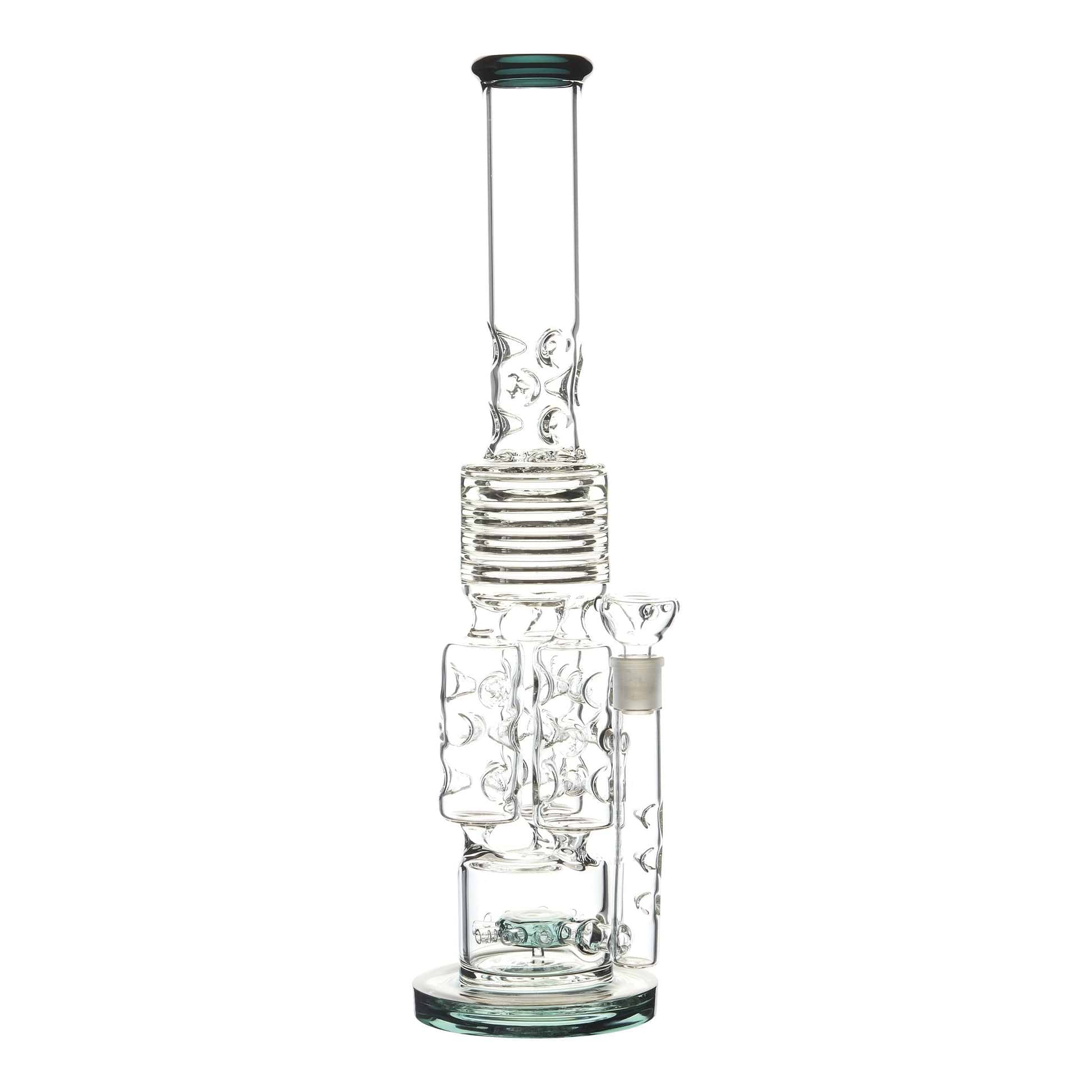 Full shot of 19 inch huge glass straight bong with teal accents multiple chamber bowl on right 