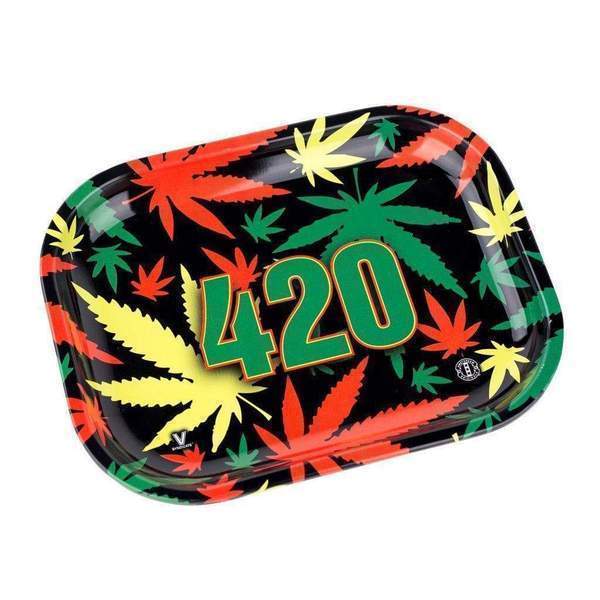 Colored mini rolling tray smoking accessory with a funky rasta weed leaf design and 420 numbers in the middle