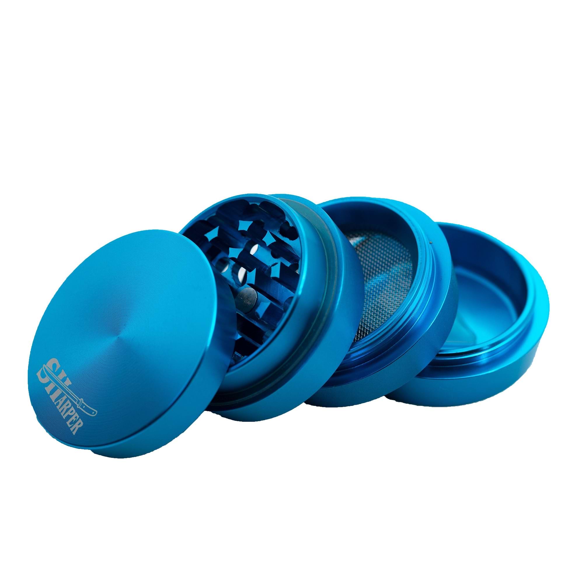 Blue 50-mm metal 4-piece grinder smoking accessory in metallic color sleek and edgy design