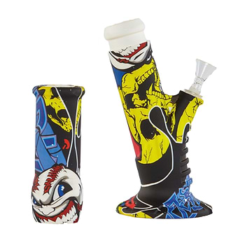 2 parts silicone bong smoking device sleek straight tube slanted look with Street Art designs wide base