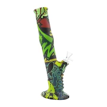 13-inch silicone bong smoking device sleek straight tube slanted look with Graffiti design wide base
