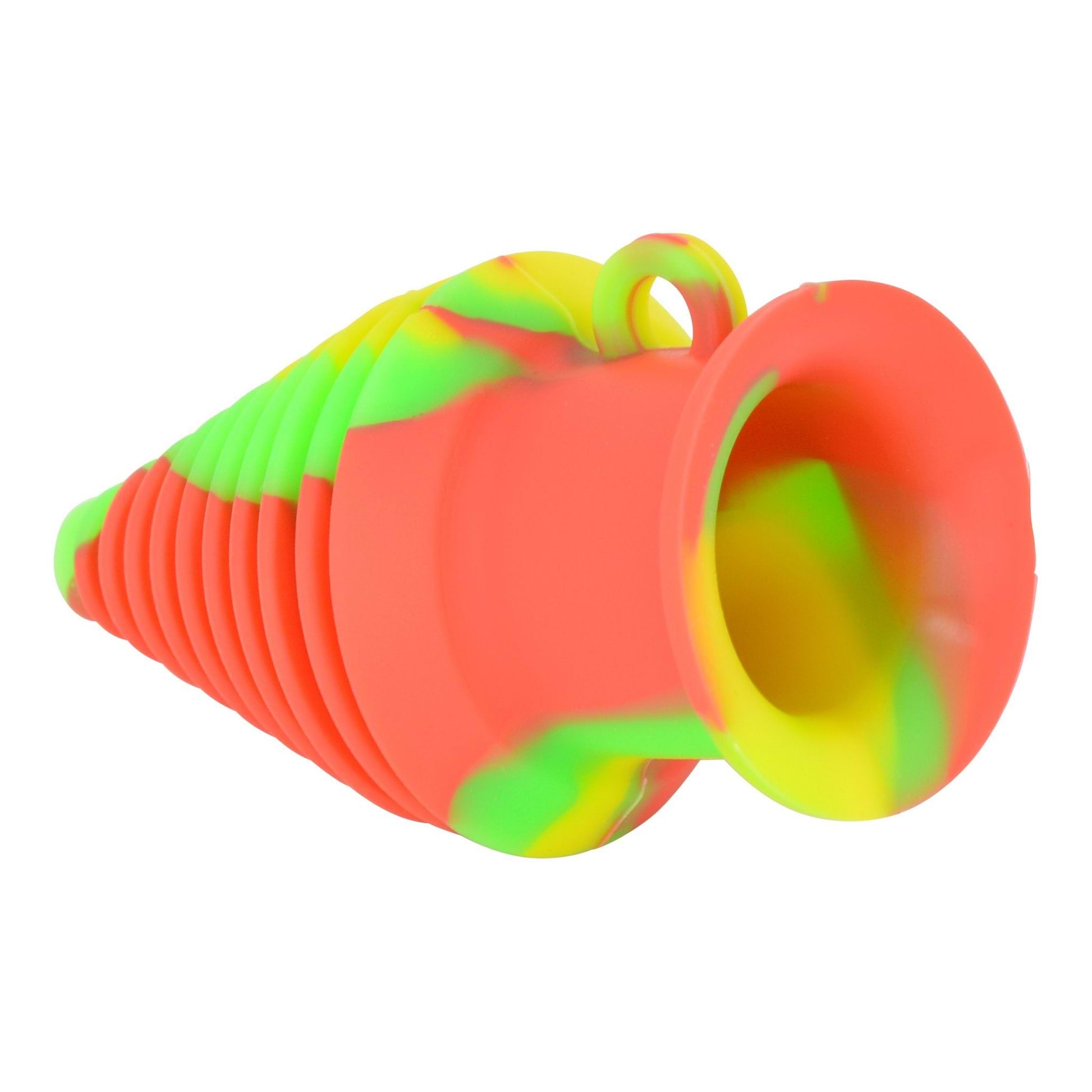 Colorful silicone bong mouthpiece smoking accessory in a cone, Christmas tree shape vibrant combination of colors