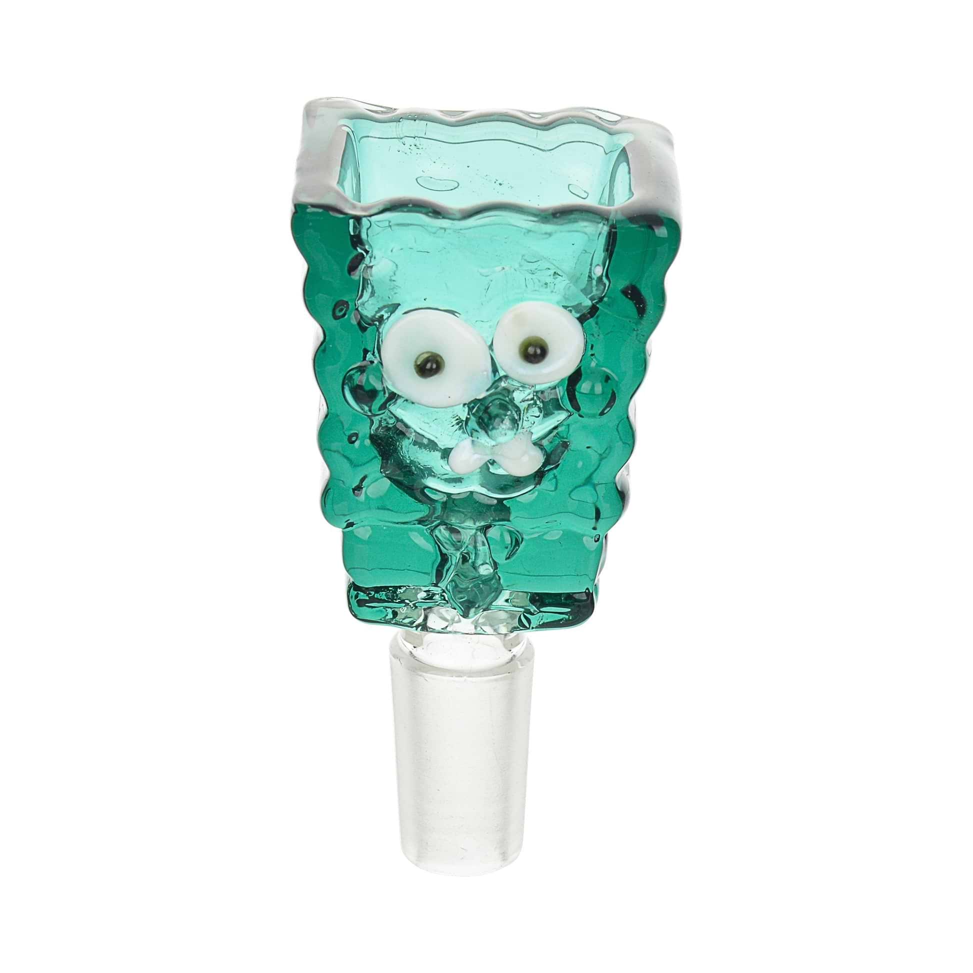Teal 14mm cartoon-inspired glass bowl for male joint bong accessory bowl designed with funny sculpted face of Spongebob