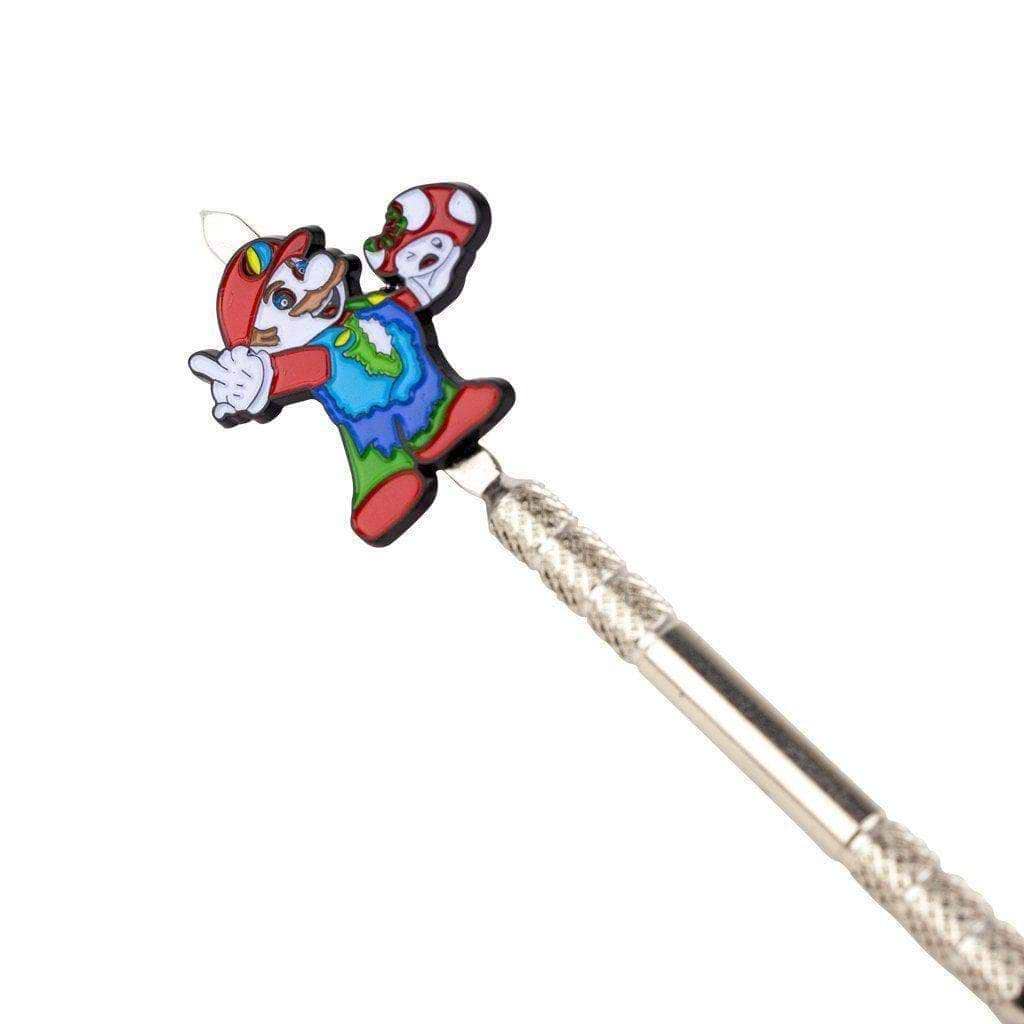 Stainless steel dab tool textured middle part for easy grip Super Mario holding a mushroom dirty finger sign design