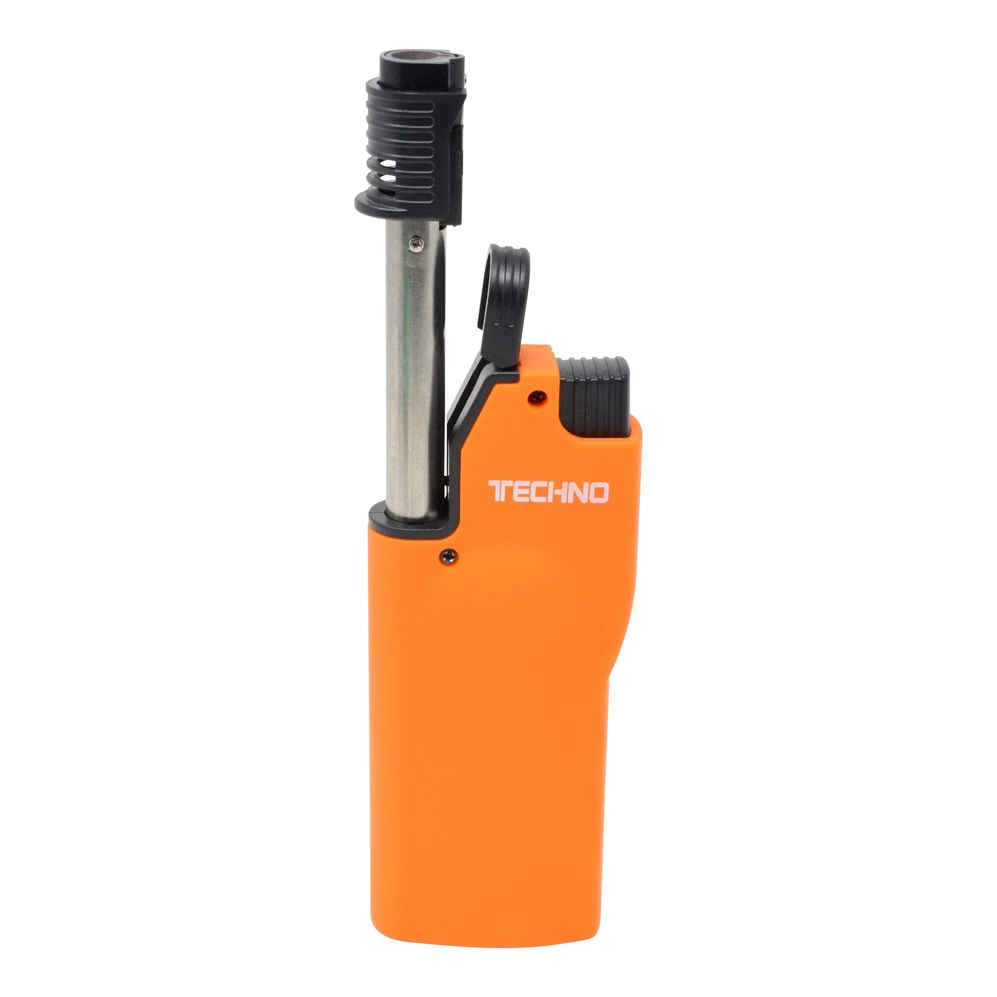Full shot of opened orange flip top torch smoking accessory with white Techno word in front