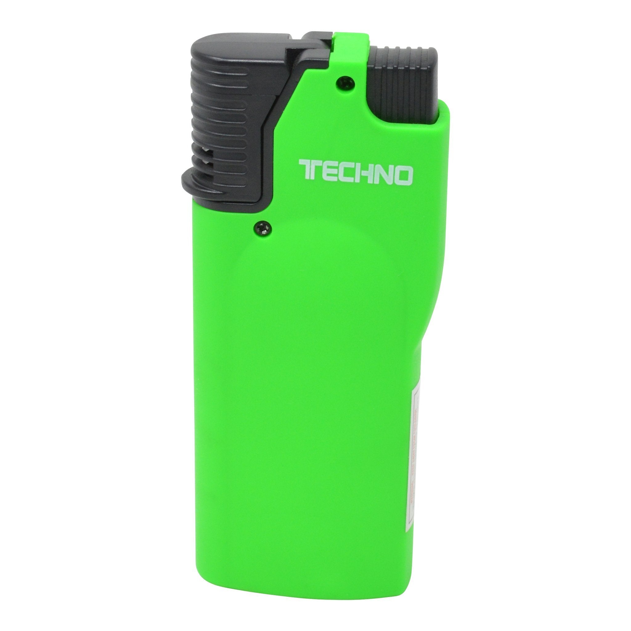 Full shot of closed green flip top torch smoking accessory with white Techno word in front
