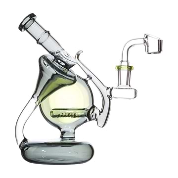 Grey 7-inch clear glass dab rig smoking device with built-in ash catcher in a unique ancient alchemy design