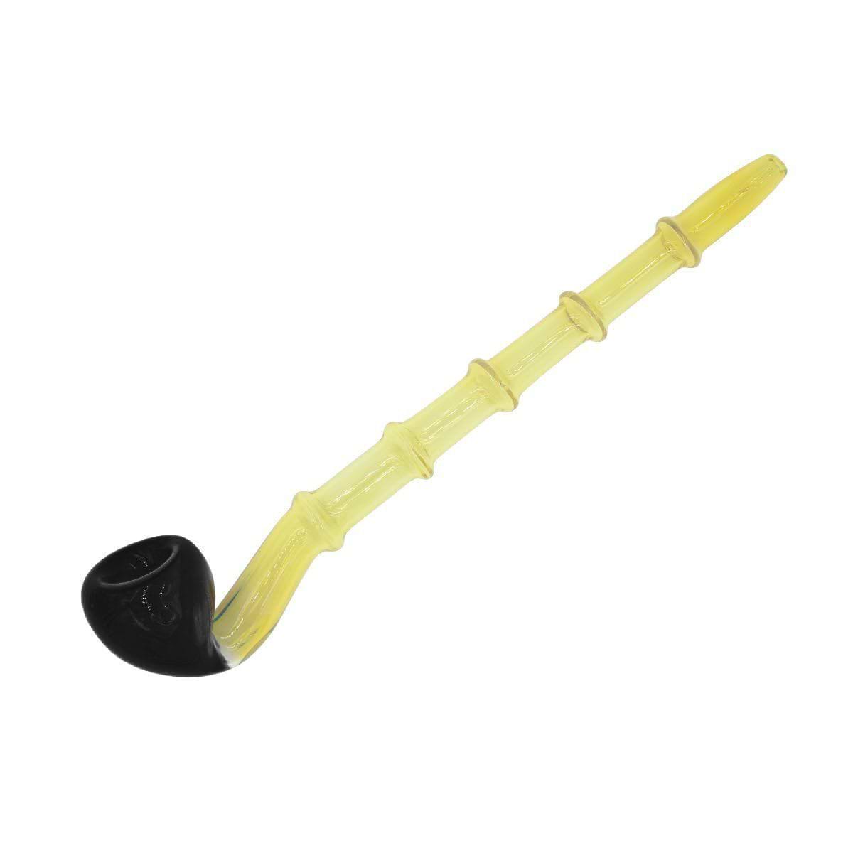 8-inch long curved glass pipe smoking device with ridges easy grip yellow black cane golf club shape Hobbit-inspired design
