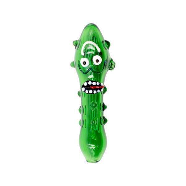 5.5-inch glass pipe smoking device with a funny pickle look and shape grips all over RnM Rick n Morty inspired design