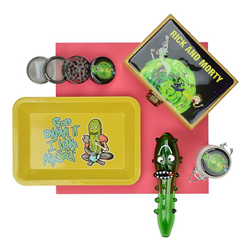 Set of smoking device accessories pickle glass pipe, tray, grinder, case in Rick and Morty and Pickle designs