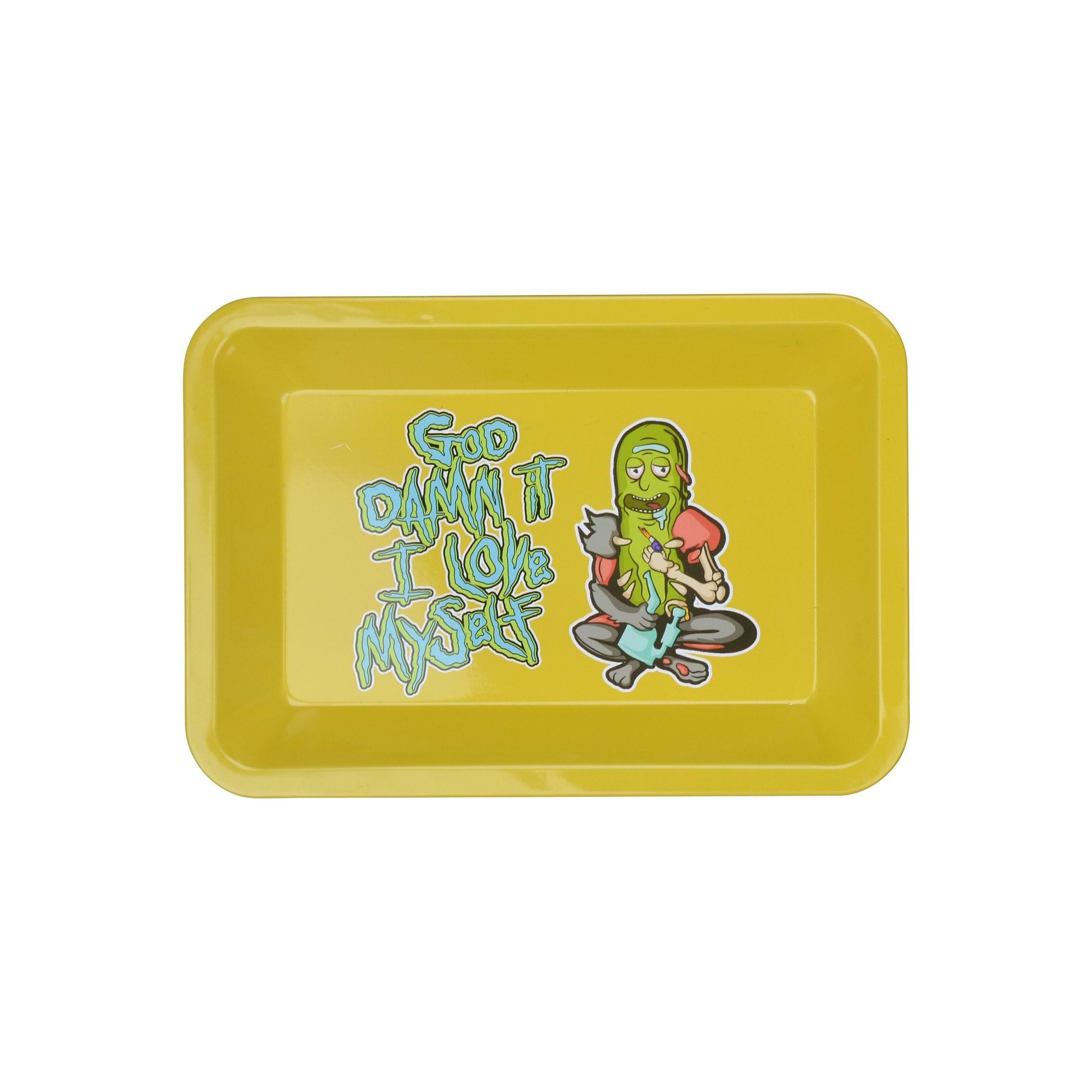 Yellow rectangle rolling tray with God damn i love myself words on the left of pickle rick person drawing