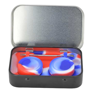 Small mess-proof metal tin-coated stainless steel dab kit lined entirely with silicone in rich colorful swirl designs