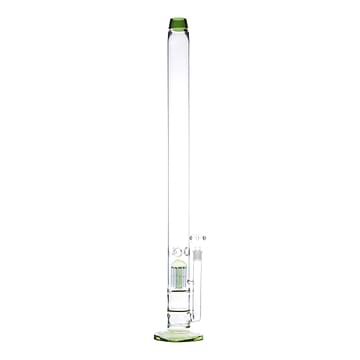 Full shot of 32 inch huge glass straight bong with green accents bowl on right close to the ice pinches