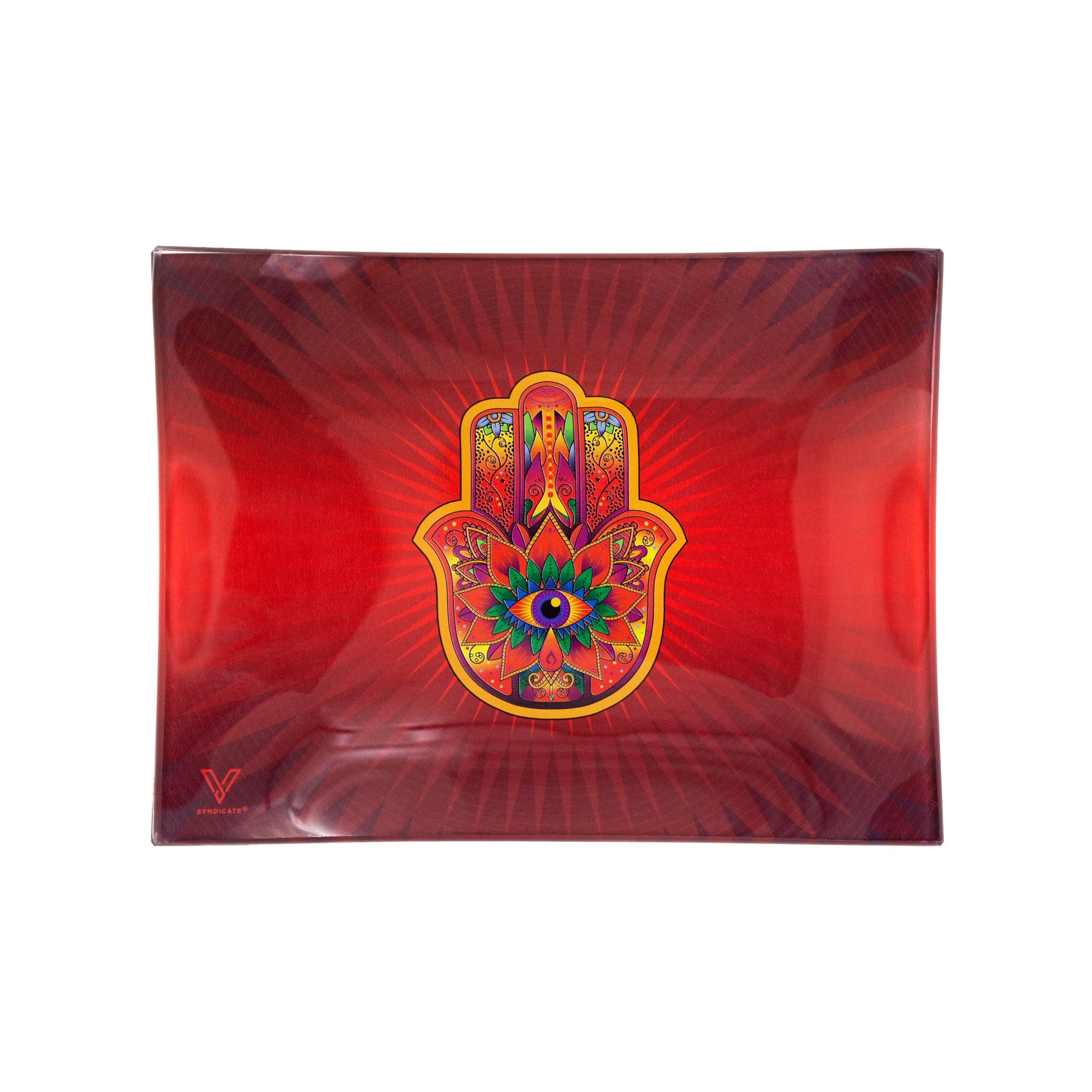V Syndicate Red Hamsa Shatter Resistant Glass Rolling Tray - 6.5in