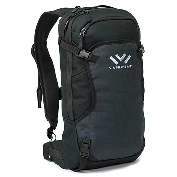 Full shot of black backpack facing slightly right with white Vaprwear word and logo in front
