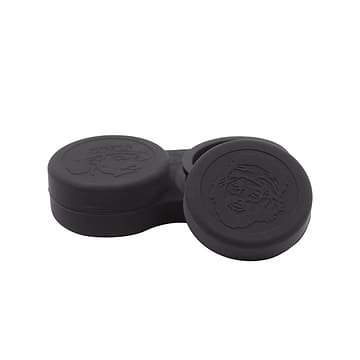 Compact non-stick silicone wax container storage with shape and look of regular contact lens case Cheech and Chong design