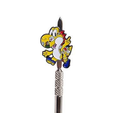 Stainless steel dab tool textured middle part for easy grip with a funny Yoshi dragon cartoon charactor dirty finger design