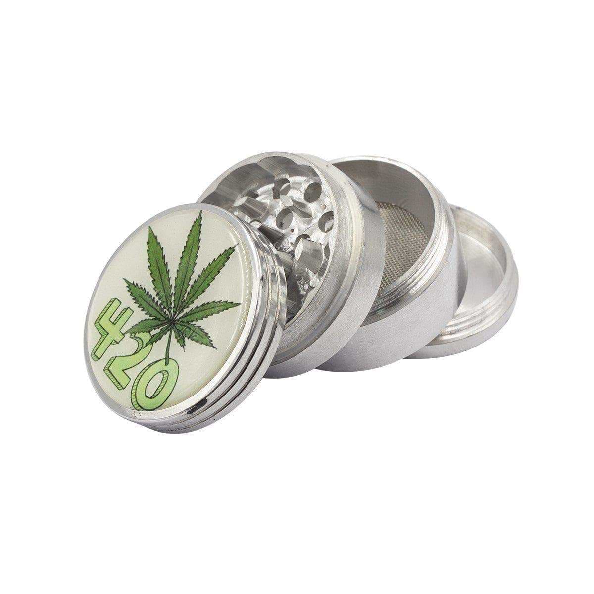 Dope 42-mm metal herb grinder smoking accessory 4 parts smooth metallic weed leaf design 420 logo on the lid