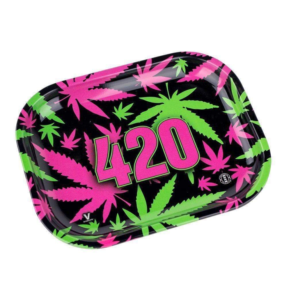 Colored mini rolling tray smoking accessory with a funky Retro weed leaf design and 420 numbers in the middle