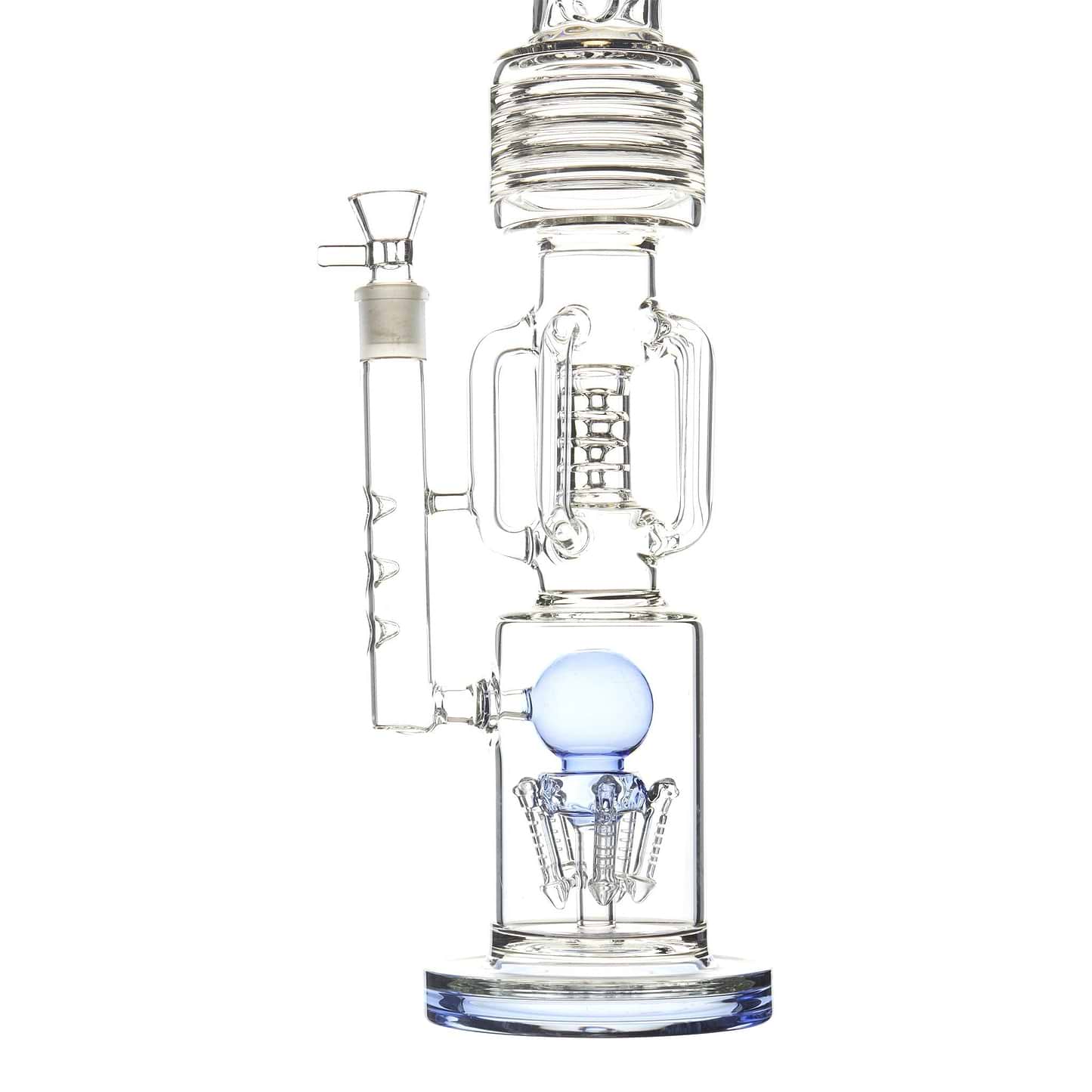 Shot from the chamber neck to base of 22-inch clear glass bong smoking device with blue accents