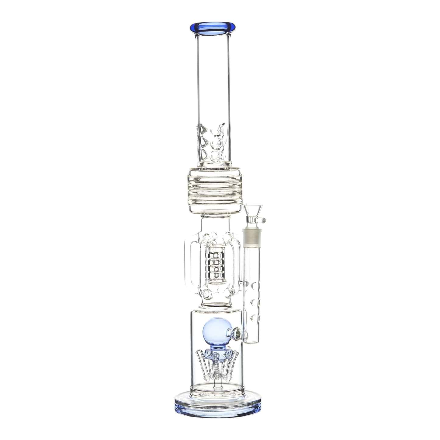 Full whole body shot of 22-inch clear glass bong smoking device with blue accents sturdy base sleek look
