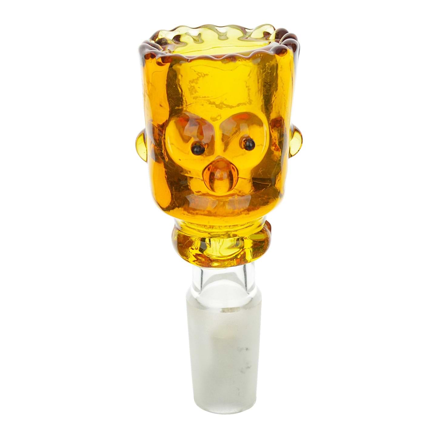 Yellow 14mm male glass bowl Simpsons inspired smoking accessory with sculpted face of Bart Simpson hair rigged surface