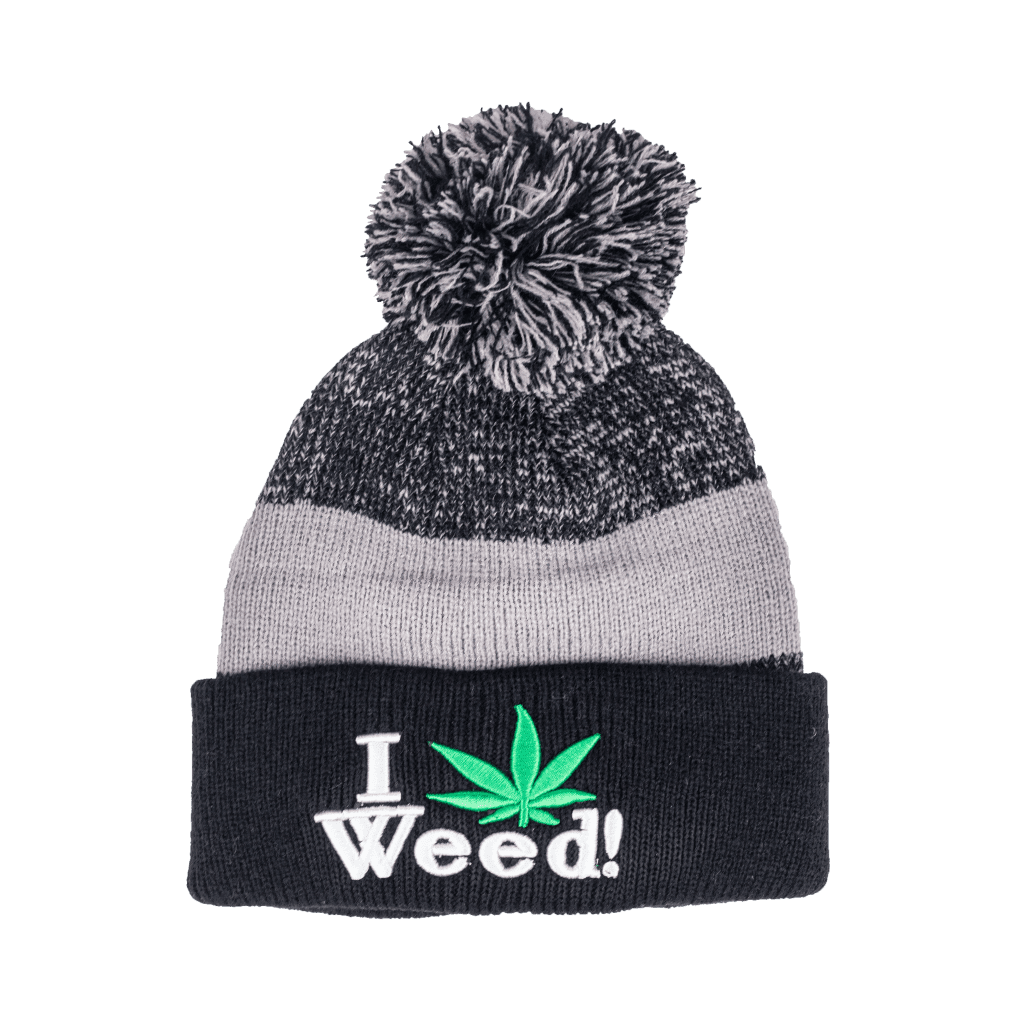 Beanie cap fashion item apparel with I Love Weed print and weed leaf design in classic colors with pompom