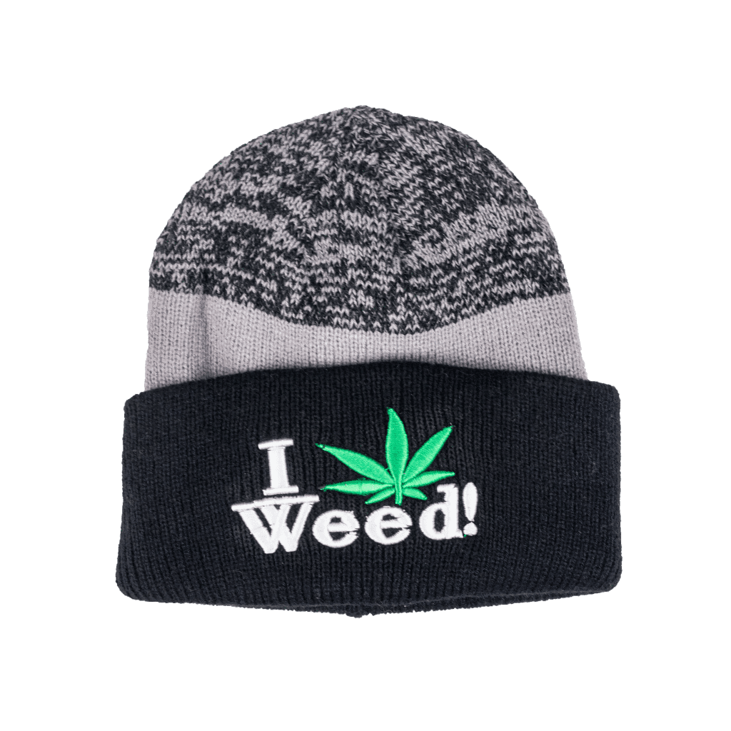 Beanie cap fashion item apparel with I Love Weed print and weed leaf design in classic colors