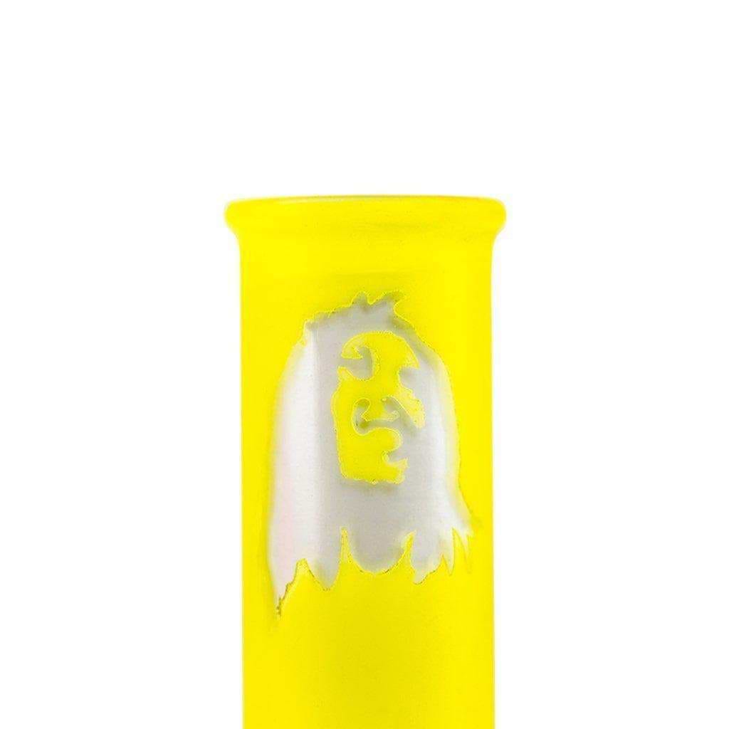 only the tip of 5-inch yellow glass carb bong smoking device bright solid color Bob Marley face sillhouette printed on neck