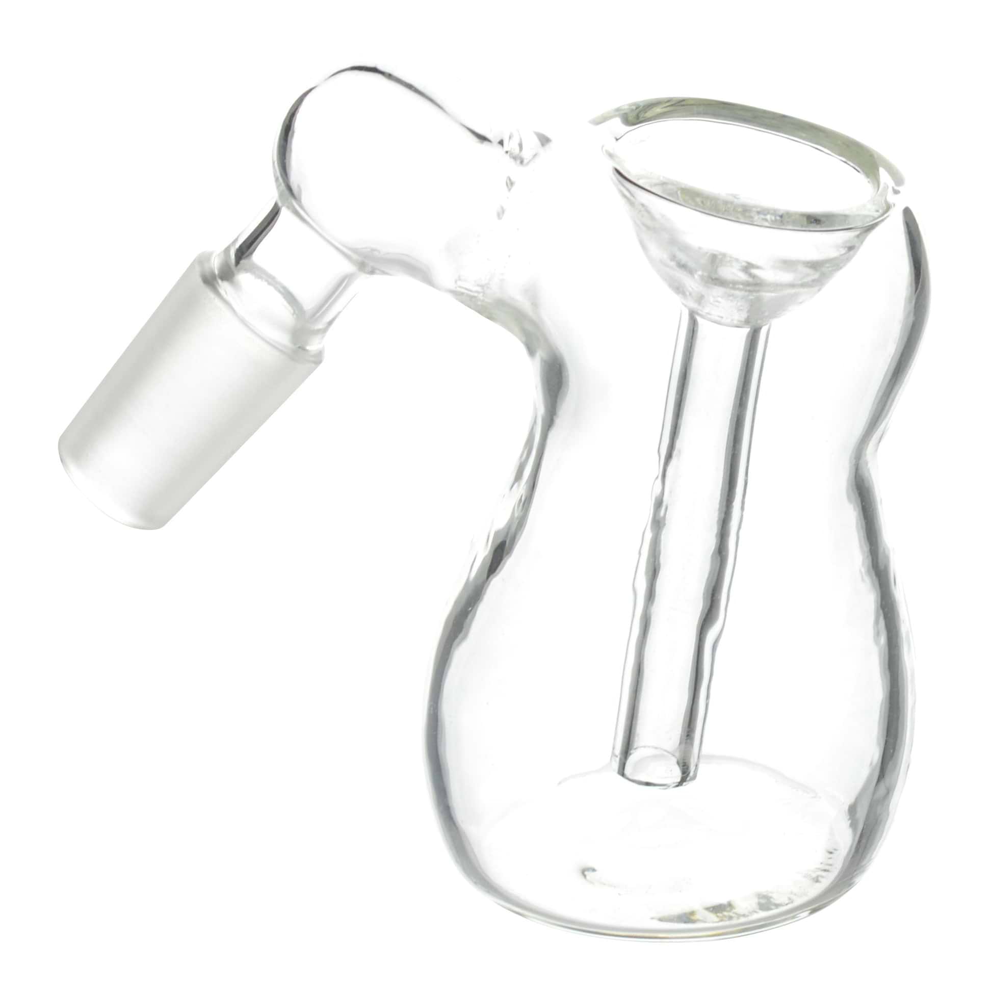 Full shot of 3-inch clear glass bubble ash catcher smoking device part 14mm male connector facing left 
