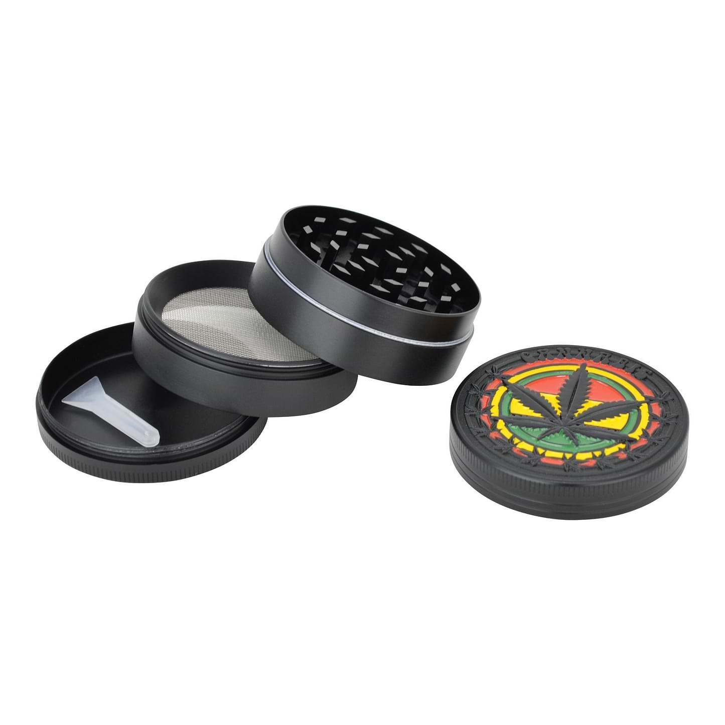 50mm round 4-part metal grinder smoking accessory with kiefcatcher with rasta weed leaf design on lid