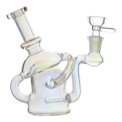 Full body shot of 6-inch glass multichambered bong smoking device mouthpiece facing left in rainbow color