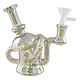 Full body shot of 6-inch glass multichambered bong smoking device mouthpiece facing left in chrome color