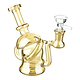 Slightly frontal full shot of 6-inch glass multichambered chrome colored bong smoking device mouthpiece facing left