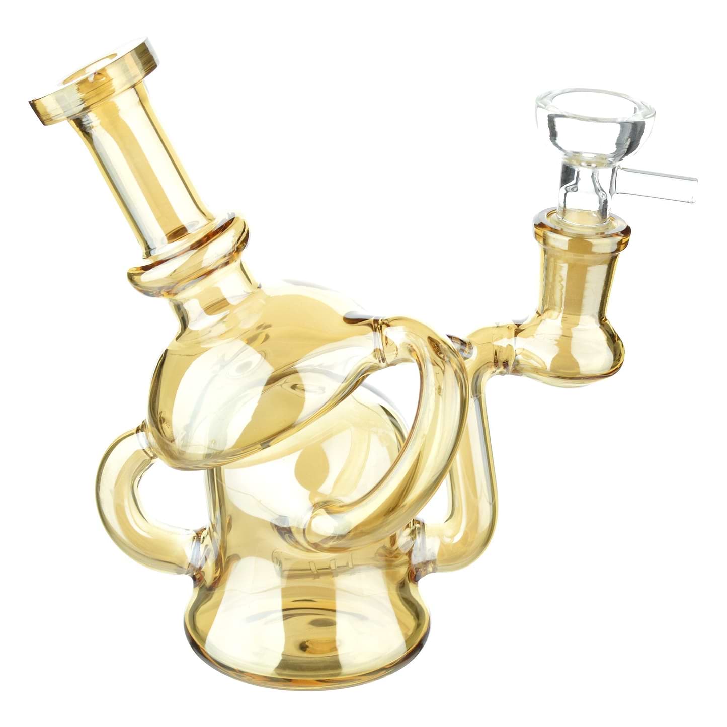 Full body shot of 6-inch glass multichambered bong smoking device mouthpiece facing left in copper color