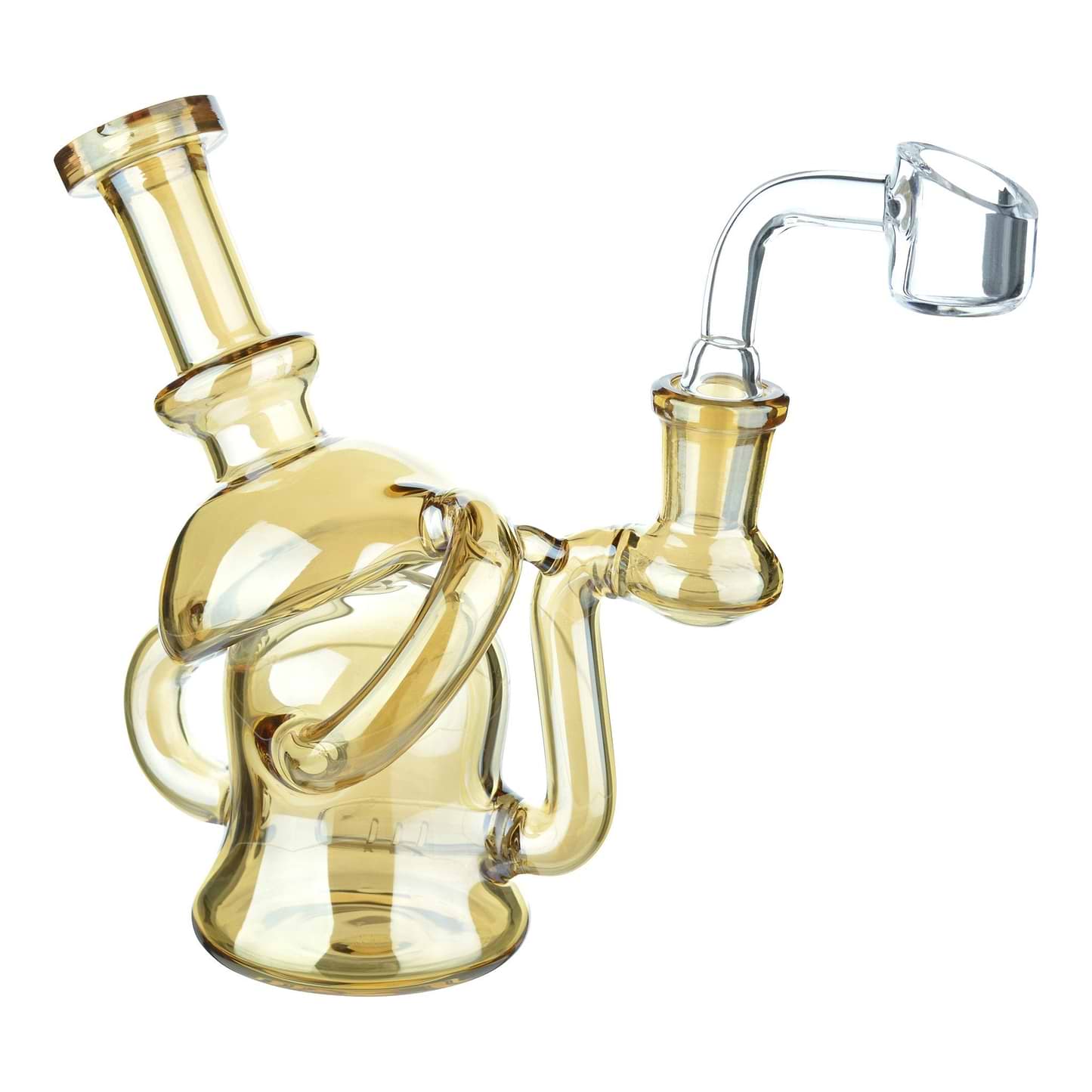 Full shot of 6-inch copper colored glass recycler dab rig mouthpiece on left banger on right opening visible