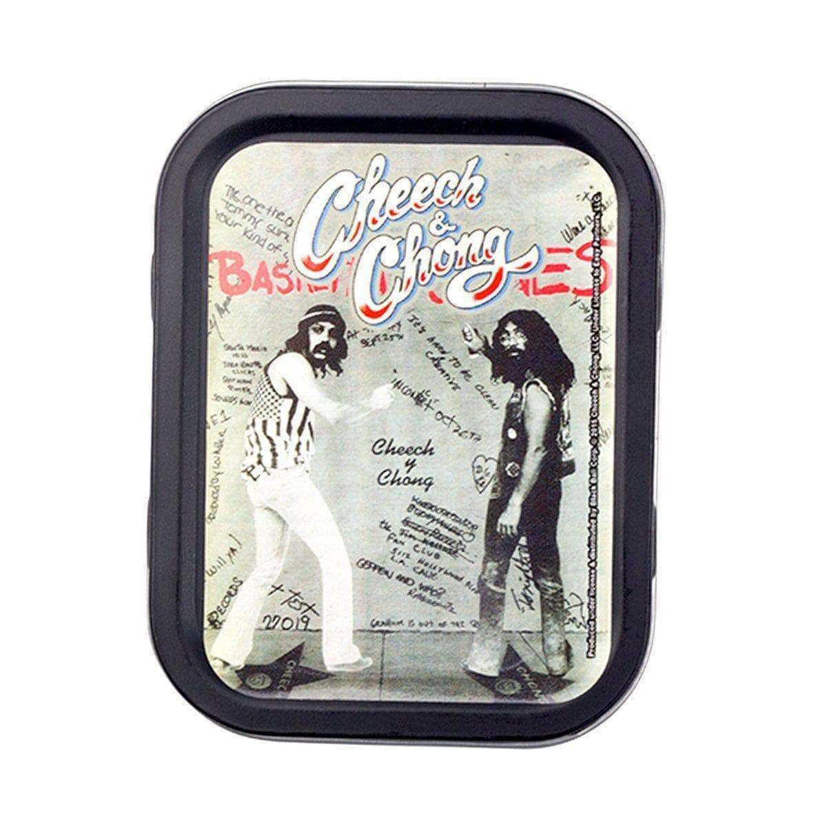 Quirky fun rectangular stashbox small tin container with funny comedy duo Cheech and Chong design on lid vintage look