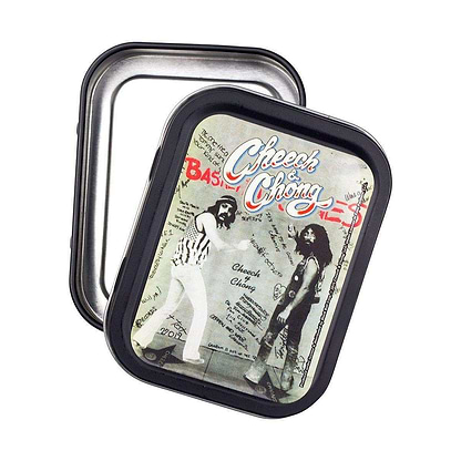 Quirky fun rectangular stashbox small tin container with funny comedy duo Cheech and Chong design on lid vintage look