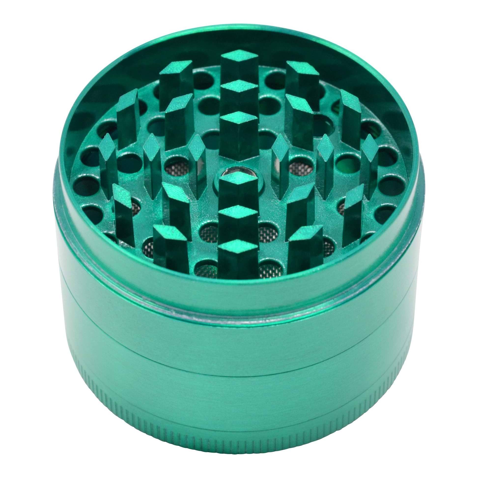 Full shot of the scraper of 4-piece 46mm metal grinder smoking accessory in stylish green color open without the lid