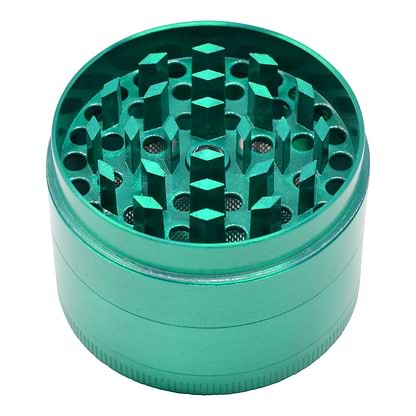 Full shot of the scraper of 4-piece 46mm metal grinder smoking accessory in stylish green color open without the lid