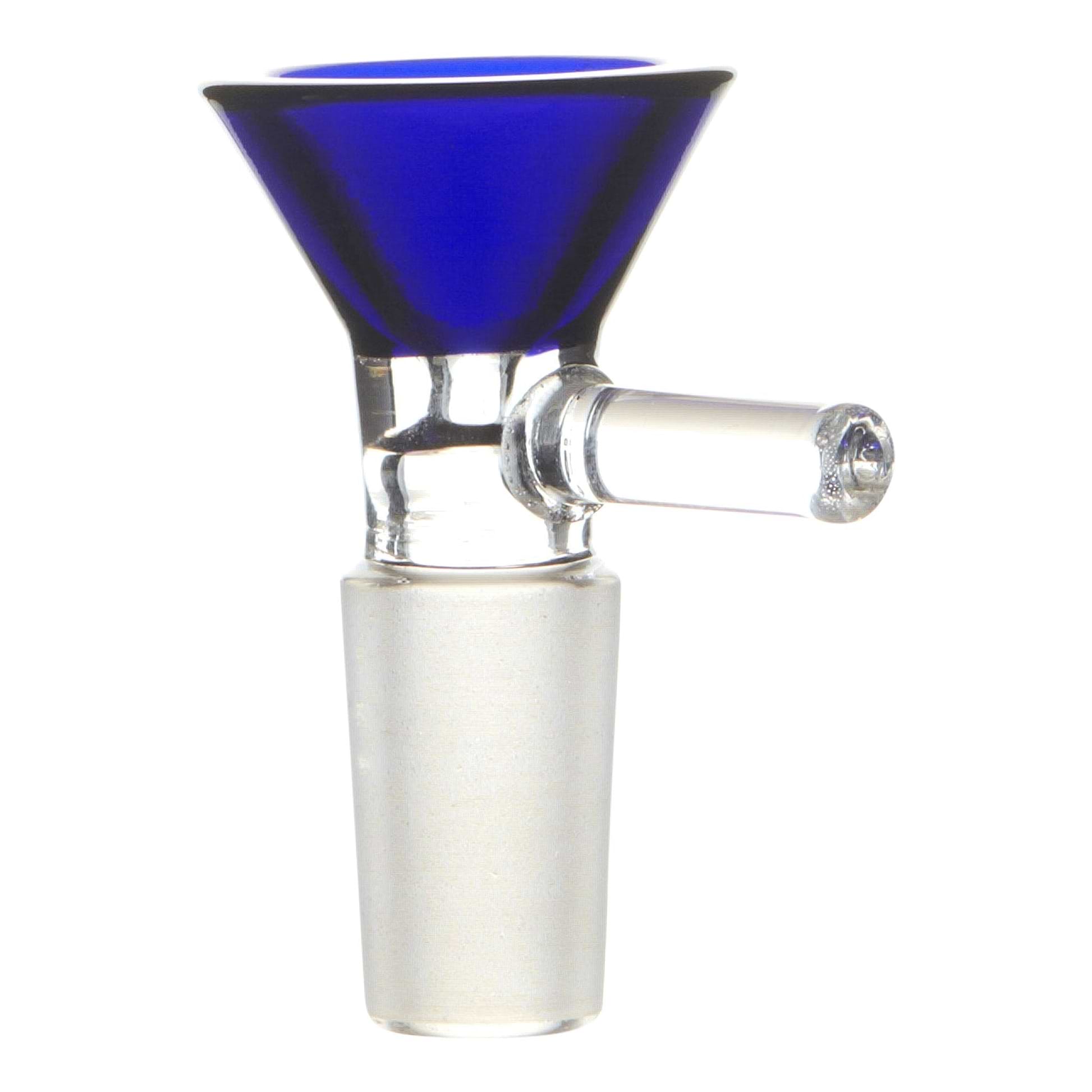 Full close up shot of glass 14mm male cone bowl bong part in blue color with handle facing right