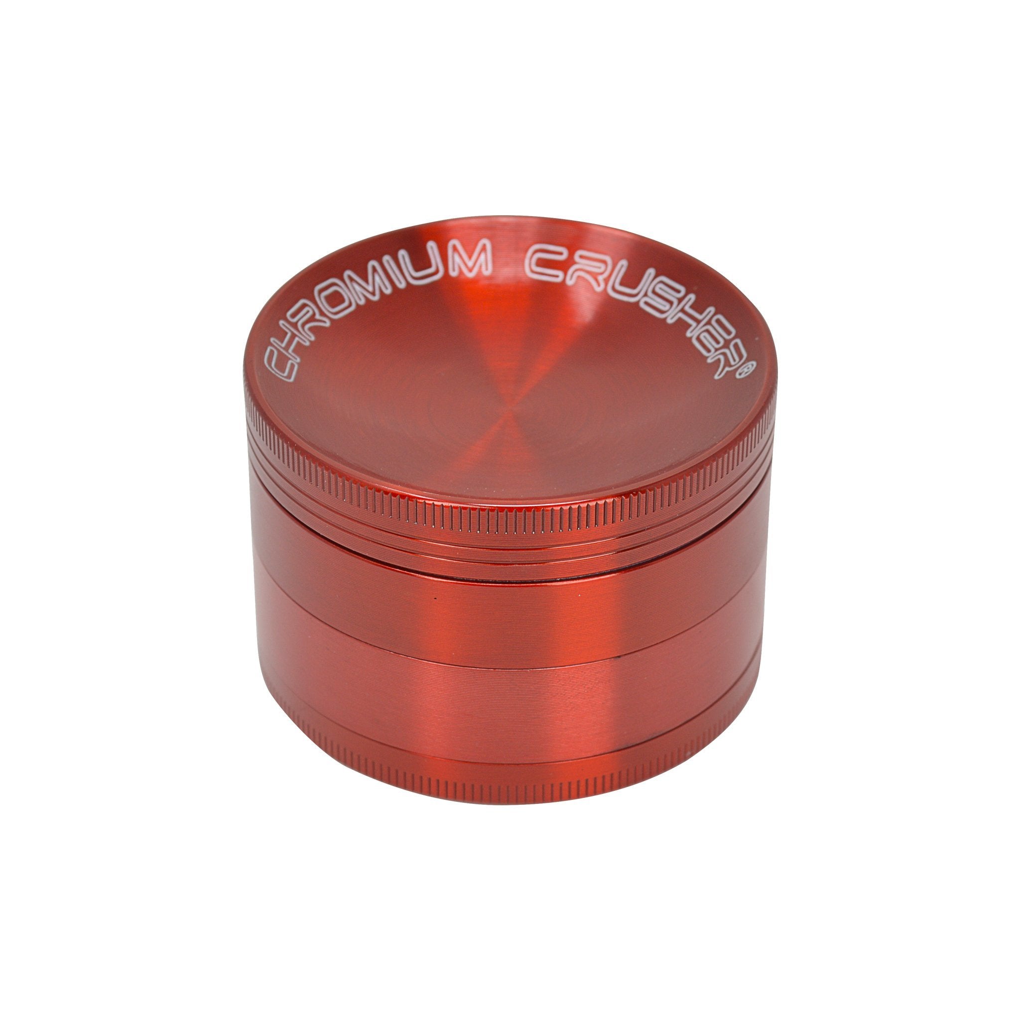 63mm 4-piece round aluminum crusher smoking accessory red metallic and Chromium Crusher label on lid
