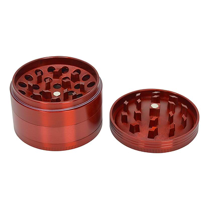 Open 63mm 4-piece round aluminum crusher smoking accessory red metallic and Chromium Crusher label on lid