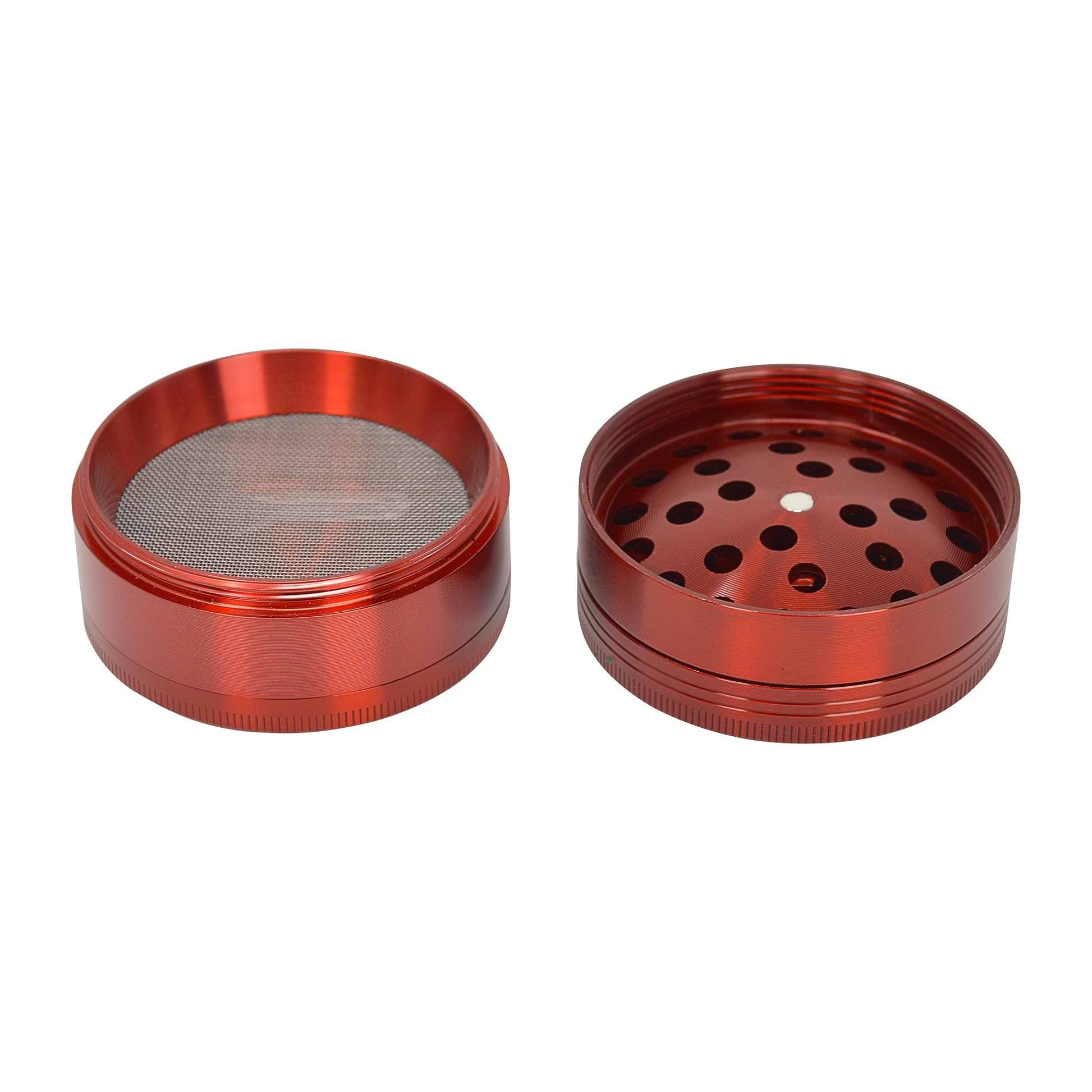 Open 63mm 4-piece round aluminum crusher smoking accessory red metallic and Chromium Crusher label on lid
