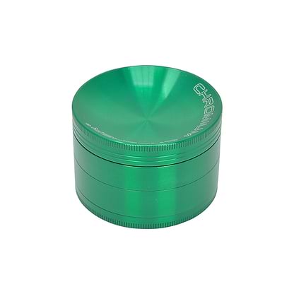 63mm 4-piece round aluminum crusher smoking accessory green metallic and Chromium Crusher label on lid
