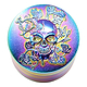 High angle full shot of shiny hologram rainbow colored 48mm metal grinder skull design closed lid