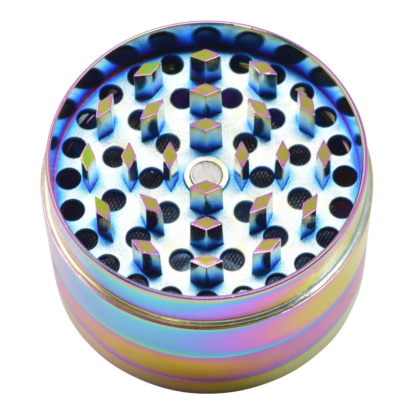 Full shot of the scraper of the 4-piece shiny hologram rainbow colored 48mm metal grinder skull design