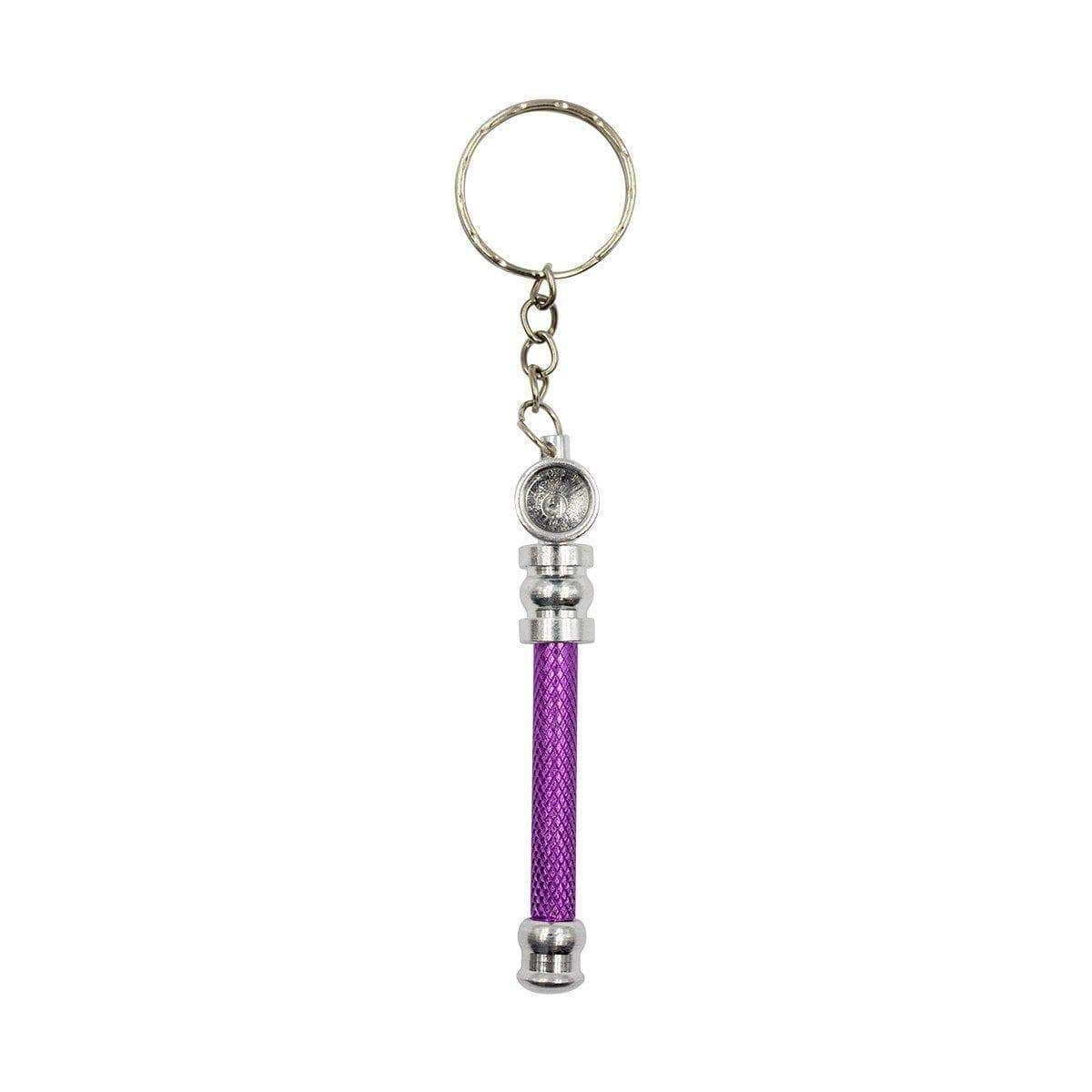 Mini keychain pipe smoking accessory in a cylinder hammer-like shape vibrant Purple stainless steel both ends with keyring