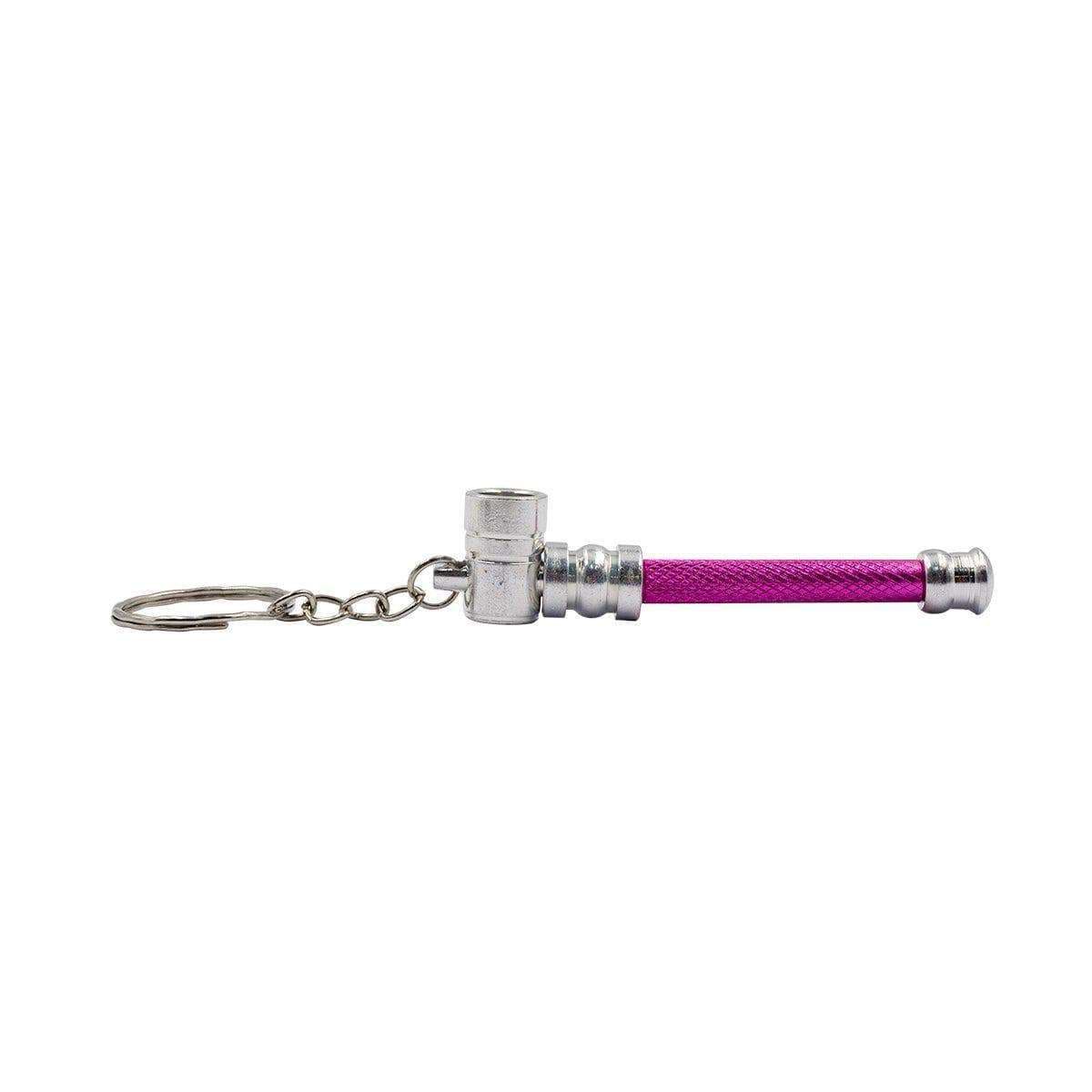 Horizontal Mini keychain pipe in a cylinder hammer-like shape Pink colors stainless steel both ends with keyring